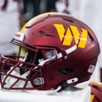 Sep 29, 2024; Glendale, Arizona, USA; Detailed view of a Washington Commanders helmet at State Farm Stadium. Mandatory Credit: Mark J. Rebilas-Imagn Images