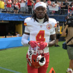 Sep 29, 2024; Inglewood, California, USA; Kansas City Chiefs wide receiver Rashee Rice (4) leaves the field following the game against the Los Angeles Chargers at SoFi Stadium. Mandatory Credit: Jayne Kamin-Oncea-Imagn Images