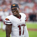Sep 29, 2024; Glendale, Arizona, USA; Washington Commanders wide receiver Terry McLaurin (17) against the Arizona Cardinals at State Farm Stadium. Mandatory Credit: Mark J. Rebilas-Imagn Images