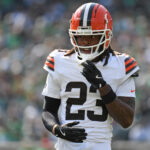 Oct 13, 2024; Philadelphia, Pennsylvania, USA; Cleveland Browns cornerback Martin Emerson Jr. (23) against the Philadelphia Eagles at Lincoln Financial Field. Mandatory Credit: Eric Hartline-Imagn Images