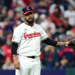 Oct 18, 2024; Cleveland, Ohio, USA; Cleveland Guardians pitcher Emmanuel Clase (48) reacts in the ninth inning against the New York Yankees during game four of the ALCS for the 2024 MLB playoffs at Progressive Field.