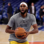 Oct 25, 2024; New York, New York, USA; Indiana Pacers forward Isaiah Jackson (22) warms up before a game against the New York Knicks at Madison Square Garden.