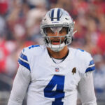 Oct 27, 2024; Santa Clara, California, USA; Dallas Cowboys quarterback Dak Prescott (4) before the game against the San Francisco 49ers at Levi's Stadium. Mandatory Credit: Kelley L Cox-Imagn Images