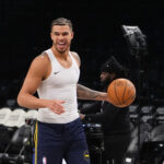 Oct 29, 2024; Brooklyn, New York, USA; Denver Nuggets small forward Michael Porter Jr. (1) warms up prior to the game against the Brooklyn Nets at Barclays Center.