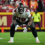 Nov 4, 2024; Kansas City, Missouri, USA; Tampa Bay Buccaneers offensive tackle Tristan Wirfs (78) at the line of scrimmage against the Kansas City Chiefsduring the game at GEHA Field at Arrowhead Stadium. Mandatory Credit: Denny Medley-Imagn Images