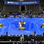 Nov 19, 2024; Dallas, Texas, USA; A general view of the NBA Cup tournament themed court floor before the game between the Dallas Mavericks and the New Orleans Pelicans at the American Airlines Center.
