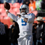 Dec 15, 2024; Denver, Colorado, USA; Indianapolis Colts quarterback Anthony Richardson (5) before the game against the Denver Broncos at Empower Field at Mile High. Mandatory Credit: Isaiah J. Downing-Imagn Images