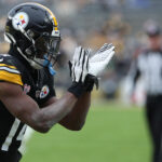 Dec 25, 2024; Pittsburgh, Pennsylvania, USA; Pittsburgh Steelers wide receiver George Pickens (14) reacts after a Kansas City Chiefs penalty during the fourth quarter at Acrisure Stadium. Mandatory Credit: Charles LeClaire-Imagn Images