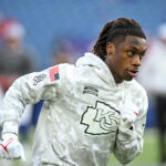 Nov 17, 2024; Orchard Park, New York, USA; Kansas City Chiefs wide receiver Xavier Worthy (1) warms up before a game against the Buffalo Bills at Highmark Stadium.