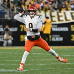Jan 4, 2025; Pittsburgh, Pennsylvania, USA; Cincinnati Bengals quarterback Joe Burrow (9) throws a pass against the Pittsburgh Steelers during the first quarter at Acrisure Stadium. Mandatory Credit: Barry Reeger-Imagn Images