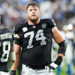 Jan 5, 2025; Paradise, Nevada, USA; Las Vegas Raiders offensive tackle Kolton Miller (74) reacts after the Raiders were defeated by the Los Angeles Chargers 34-20 at Allegiant Stadium.