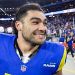 Jan 13, 2025; Glendale, AZ, USA; Los Angeles Rams wide receiver Puka Nacua (17) celebrates after defeating the Minnesota Vikings during an NFC wild card game at State Farm Stadium. Mandatory Credit: Mark J. Rebilas-Imagn Images
