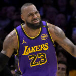 LeBron Lakers - Jan 17, 2025; Los Angeles, California, USA; Los Angeles Lakers forward LeBron James (23) reacts after a foul call against the Brooklyn Nets at Crypto.com Arena. Mandatory Credit: Jayne Kamin-Oncea-Imagn Images