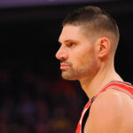 Jan 23, 2025; San Francisco, California, USA; Chicago Bulls center Nikola Vucevic (9) between plays against the Golden State Warriors during the second quarter at Chase Center.
