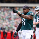 Jan 26, 2025; Philadelphia, PA, USA; Philadelphia Eagles safety C.J. Gardner-Johnson (8) gestures before the NFC Championship game at Lincoln Financial Field. Mandatory Credit: Bill Streicher-Imagn Images