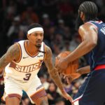 Jan 27, 2025; Phoenix, Arizona, USA; Phoenix Suns guard Bradley Beal (3) guards LA Clippers guard James Harden (1) during the second half at Footprint Center. Mandatory Credit: Joe Camporeale-Imagn Images