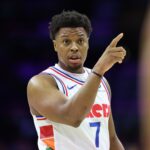 Jan 29, 2025; Philadelphia, Pennsylvania, USA; Philadelphia 76ers guard Kyle Lowry (7) reacts to a play against the Sacramento Kings during the fourth quarter at Wells Fargo Center. Mandatory Credit: Bill Streicher-Imagn Images
