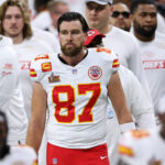 Feb 9, 2025; New Orleans, LA, USA; Kansas City Chiefs tight end Travis Kelce (87) looks on before Super Bowl LIX between the Philadelphia Eagles and the Kansas City Chiefs at Caesars Superdome. Mandatory Credit: Bill Streicher-Imagn Images