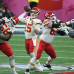 NFL Feb 9, 2025; New Orleans, LA, USA; Kansas City Chiefs quarterback Patrick Mahomes (15) throws a pass against the Philadelphia Eagles in the third quarter in Super Bowl LIX at Ceasars Superdome. Mandatory Credit: Stephen Lew-Imagn Images