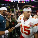 NFL Power Ranking 2025 Feb 9, 2025; New Orleans, LA, USA; Philadelphia Eagles quarterback Jalen Hurts (1) shakes hands with Kansas City Chiefs quarterback Patrick Mahomes (15) after Super Bowl LIX at Ceasars Superdome. Mandatory Credit: Mark J. Rebilas-Imagn Images