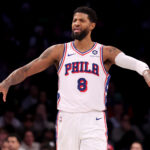 Feb 12, 2025; Brooklyn, New York, USA; Philadelphia 76ers forward Paul George (8) reacts during the fourth quarter against the Brooklyn Nets at Barclays Center.