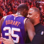 Feb 12, 2025; Houston, Texas, USA; Phoenix Suns forward Kevin Durant (35) hugs Houston Rockets head coach Ime Udoka after a game at Toyota Center. Mandatory Credit: Thomas Shea-Imagn Images