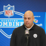 Feb 25, 2025; Indianapolis, IN, USA; Pittsburgh Steelers general manager Omar Khan speaks during the NFL Scouting Combine at the Indiana Convention Center. Mandatory Credit: Kirby Lee-Imagn Images
