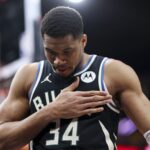 Feb 25, 2025; Houston, Texas, USA; Milwaukee Bucks forward Giannis Antetokounmpo (34) walks on the court before the start of the game against the Houston Rockets at Toyota Center. Mandatory Credit: Troy Taormina-Imagn Images