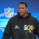 Feb 26, 2025; Indianapolis, IN, USA; Texas defensive lineman Alfred Collins (DL08) during the 2025 NFL Scouting Combine at the Indiana Convention Center. Mandatory Credit: Kirby Lee-Imagn Images