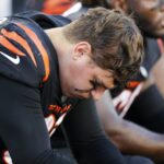 Cincinnati Bengals defensive end Trey Hendrickson (91) hangs his head on the sideline in the fourth quarter of the NFL Week 9 game between the Cincinnati Bengals and the Cleveland Browns at Paul Brown Stadium in Cincinnati on Sunday, Nov. 7, 2021. Cleveland kept a halftime lead to clinch a 41-16 win over the Bengals.