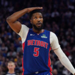 Mar 8, 2025; San Francisco, California, USA; Detroit Pistons guard Malik Beasley (5) signals for a shot clock violation during a game against the Warriors in the fourth quarter at Chase Center.