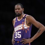 Mar 16, 2025; Los Angeles, California, USA; Phoenix Suns forward Kevin Durant (35) reacts against the Los Angeles Lakers in the second half at Crypto.com Arena.