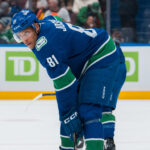 Mar 16, 2025; Vancouver, British Columbia, CAN; Vancouver Canucks forward Dakota Joshua (81) during a stop in play against Utah Hockey Club in the second period at Rogers Arena. Mandatory Credit: Bob Frid-Imagn Images
