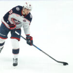Mar 21, 2025; Pittsburgh, Pennsylvania, USA; Columbus Blue Jackets right wing Yegor Chinakhov (59) warms up before the game against the Pittsburgh Penguins at PPG Paints Arena. Mandatory Credit: Charles LeClaire-Imagn Images
