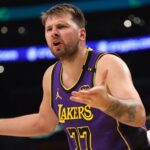 Lakers Luka Doncic Mar 31, 2025; Los Angeles, California, USA; Los Angeles Lakers guard Luka Doncic (77) reacts to a play during the third quarter against the Houston Rockets at Crypto.com Arena. Mandatory Credit: Kiyoshi Mio-Imagn Images