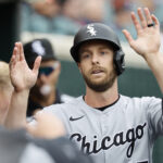 Apr 4, 2025; Detroit, Michigan, USA; Chicago White Sox outfielder Austin Slater (15) receives congratulations from teammates after scoring in the ninth inning against the Detroit Tigers at Comerica Park. Mandatory Credit: Rick Osentoski-Imagn Images