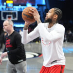 Apr 6, 2025; Brooklyn, New York, USA; Toronto Raptors small forward Brandon Ingram (3) warms up prior to the game against the Brooklyn Nets at Barclays Center.
