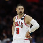 Apr 6, 2025; Charlotte, North Carolina, USA; Chicago Bulls center Nikola Vucevic (9) stands on the court during the second half against the Charlotte Hornets at Spectrum Center.