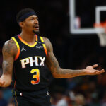 Apr 9, 2025; Phoenix, Arizona, USA; Phoenix Suns guard Bradley Beal (3) reacts against the Oklahoma City Thunderduring the first half at Footprint Center.