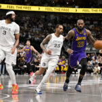 Apr 9, 2025; Dallas, Texas, USA; Dallas Mavericks forward Anthony Davis (3) and forward P.J. Washington (25) and Los Angeles Lakers forward LeBron James (23) in action during the game between the Dallas Mavericks and the Los Angeles Lakers at American Airlines Center.