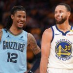 Apr 15, 2025; San Francisco, California, USA; Memphis Grizzlies guard Ja Morant (12) talks with Golden State Warriors guard Stephen Curry (30) in between free throw by Curry in the fourth quarter at the Chase Center. Mandatory Credit: Cary Edmondson-Imagn Images