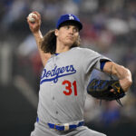 Apr 20, 2025; Arlington, Texas, USA; Los Angeles Dodgers starting pitcher Tyler Glasnow (31) pitches against the Texas Rangers during the first inning at Globe Life Field. Mandatory Credit: Jerome Miron-Imagn Images