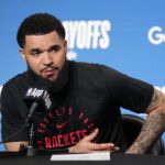 Apr 26, 2025; San Francisco, California, USA; Houston Rockets guard Fred VanVleet talks to media members after game three of first round for the 2024 NBA Playoffs at Chase Center. Mandatory Credit: Darren Yamashita-Imagn Images