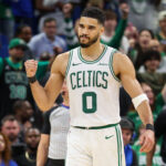 Apr 27, 2025; Orlando, Florida, USA; Boston Celtics forward Jayson Tatum (0) reacts after beating the Orlando Magic in game four of first round for the 2025 NBA Playoffs at Kia Center.