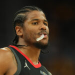Apr 26, 2025; San Francisco, California, USA; Houston Rockets guard Jalen Green (4) during the second quarter of game three of first round for the 2024 NBA Playoffs against the Golden State Warriors at Chase Center.