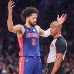 Apr 29, 2025; New York, New York, USA; Detroit Pistons guard Cade Cunningham (2) during game five of first round for the 2025 NBA Playoffs at Madison Square Garden. Mandatory Credit: Wendell Cruz-Imagn Images