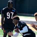 Bengals defensive end Shemar Stewart looks on during the Bengals Rookie Mini Camp on Friday, May 9, 2025 at Paycor Stadium in Cincinnati.