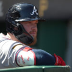 May 10, 2025; Pittsburgh, Pennsylvania, USA; Atlanta Braves left fielder Alex Verdugo (8) looks on from the dugout before batting against the Pittsburgh Pirates during the first inning at PNC Park. Mandatory Credit: Charles LeClaire-Imagn Images