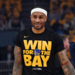 May 10, 2025; San Francisco, California, USA; Golden State Warriors guard Gary Payton II (0) warms up before game three of the second round for the 2025 NBA Playoffs against the Minnesota Timberwolves at Chase Center.