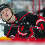 May 10, 2025; Raleigh, North Carolina, USA; Carolina Hurricanes right wing Jackson Blake (53) watches his shot during the warmups before the game against the Washington Capitals in game three of the second round of the 2025 Stanley Cup Playoffs at Lenovo Center. Mandatory Credit: James Guillory-Imagn Images